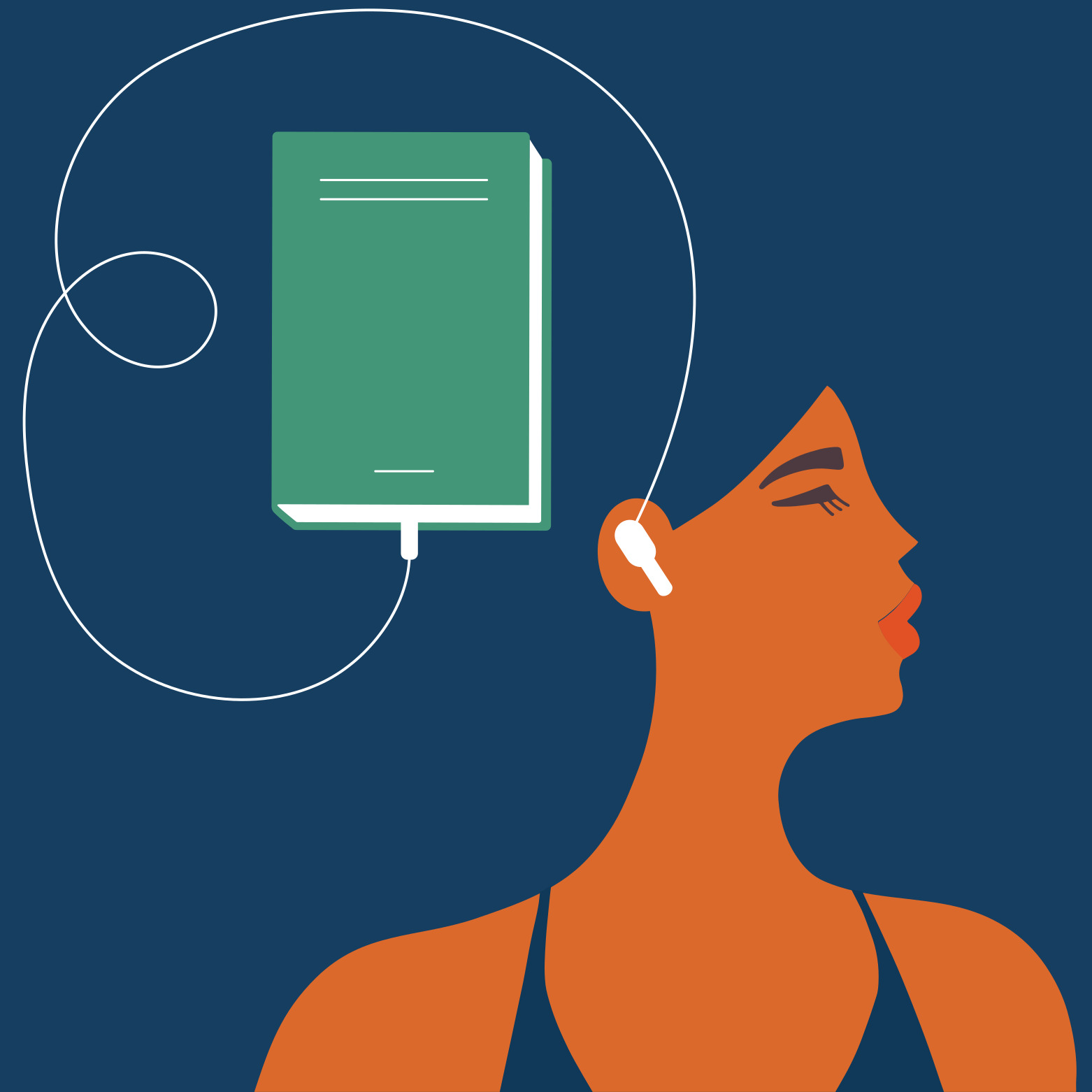 A woman wearing headphones and holding a book, engrossed in her reading.